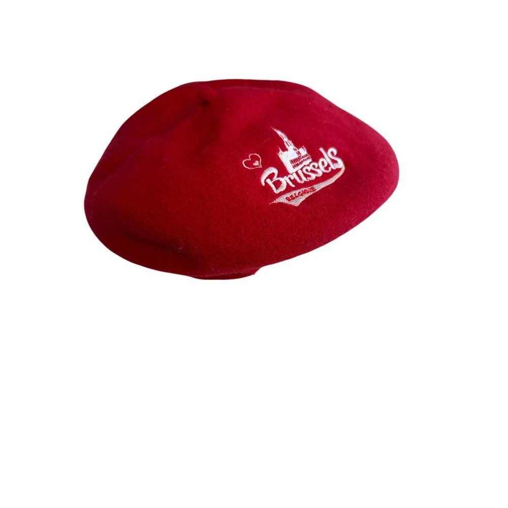 Red Wool Brussels Belgique Embroidered Souvenir Beret Hat Belgium Travel